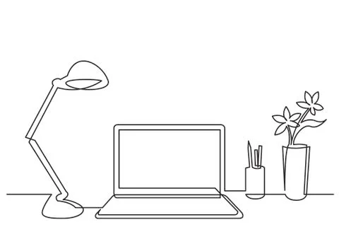 Continuous line drawing of work desk with computer lamp and flower Stock Illustration