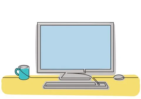 Continuous line drawing of work desk computer and coffee Stock Illustration