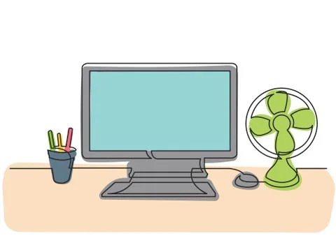 Continuous line drawing of work desk with computer and cooling fan Illustrazione stock