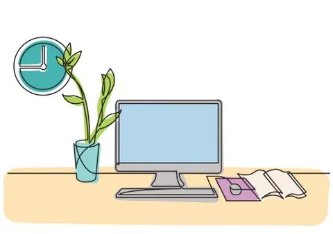 Continuous line drawing of work desk with computer and flower イラスト素材