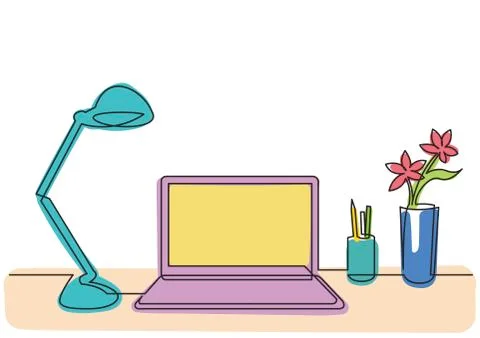 Continuous line drawing of work desk with computer lamp and flower Stock Illustration
