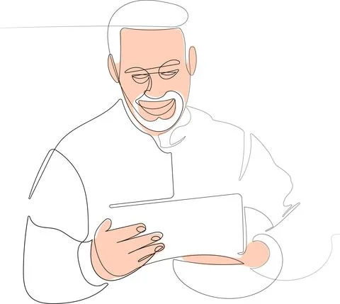 Continuous line drawing of worker with tablet Stock Illustration