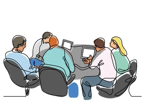 Continuous line drawing of working group of team members Stock Illustration