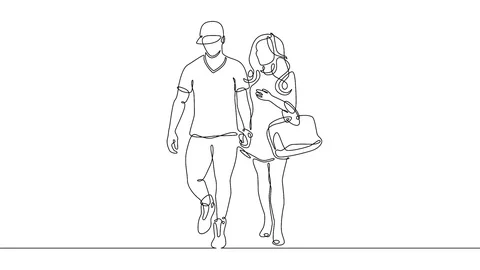 Continuous line drawing of young couple, together happy older couple walking Stock Footage 99672511