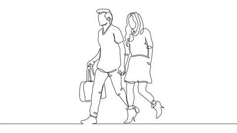 Continuous line drawing of young couple, together happy older couple walking Stock Footage 99672513