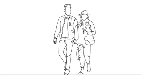 Continuous line drawing of young couple, together happy older couple walking Stock Footage 99672515