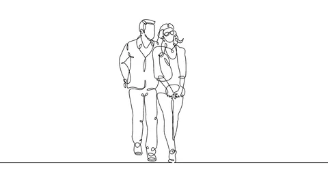 Continuous line drawing of young couple, together happy older couple walking Video stock 99672557
