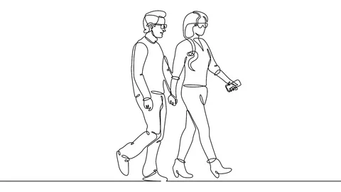 Continuous line drawing of young couple, together happy older couple walking Stock Footage 99672560