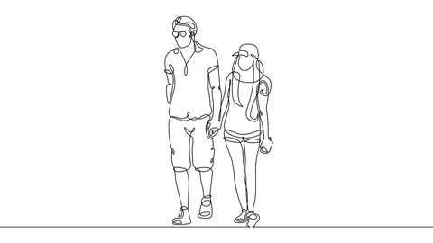 Continuous line drawing of young couple, together happy older couple walking Stock Footage 99672561