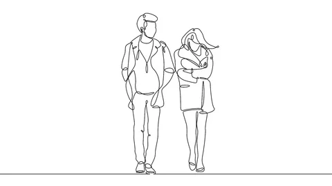Continuous line drawing of young couple, together happy older couple walking Stock Footage 99672563