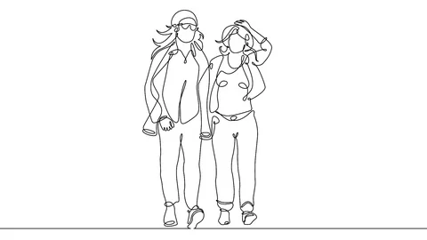 Continuous line drawing of young couple, together happy older couple walking Stock Footage 99672564