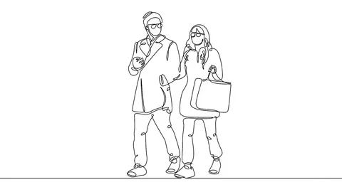 Continuous line drawing of young couple, together happy older couple walking Stock Footage 99672567