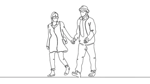 Continuous line drawing of young couple, together happy older couple walking Stock Footage 99672568