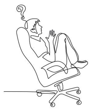 Continuous line drawing of young man in an office chair reflects on work Illustrazione stock