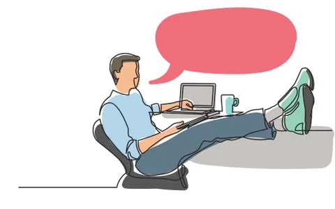 Continuous line drawing of young man sitting with laptop-computer with his fe Ilustración de archivo