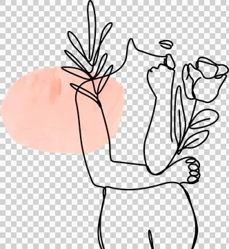 Continuous line figure is holding foliage and rose with pink blotch, transparent Stock Illustration