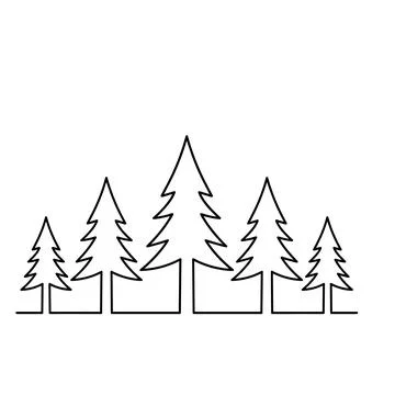 Continuous line of a forest with five pine trees of varying sizes, black ou.. Stock-Illustration