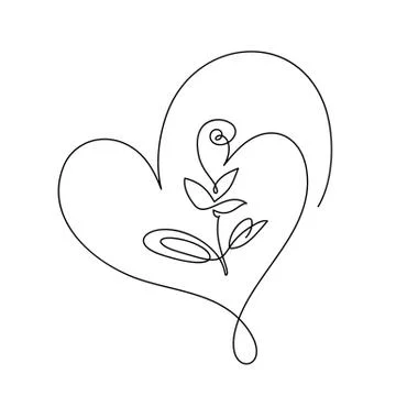 Continuous line hand drawing calligraphic vector flower with heart. Concept logo Stock Illustration