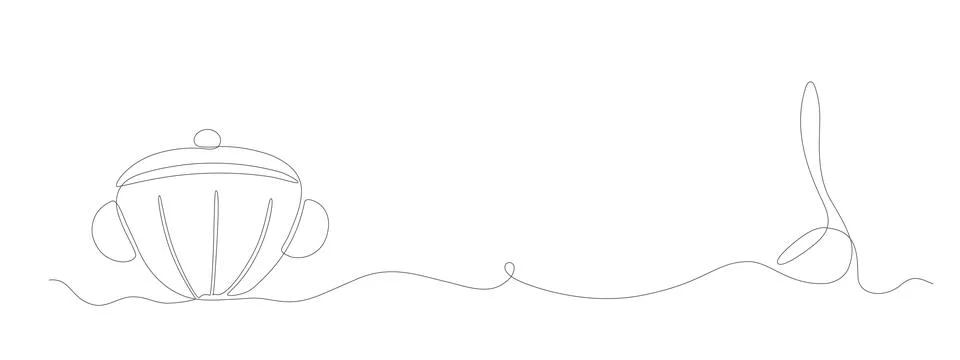 Continuous line hand drawing hot soup pot, ladle banner. Vector poster with Stock Illustration