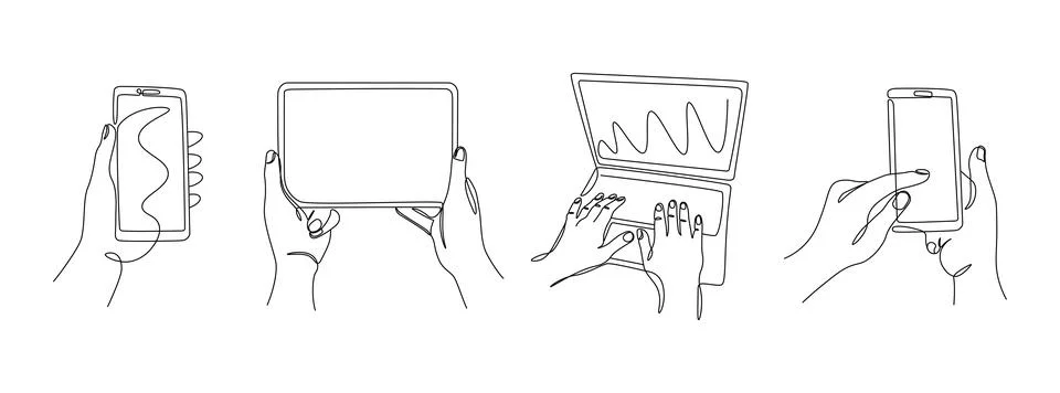 Continuous line hands with gadgets. One line female hands using phones laptop Stock Illustration