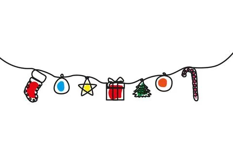 Continuous line hanging candy, ball, Christmas tree, gift box, star and sock. Illustrazione stock