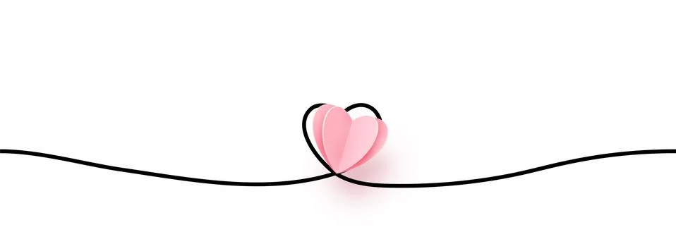 Continuous line heart shape border with realistic paper heart on white Stock Illustration
