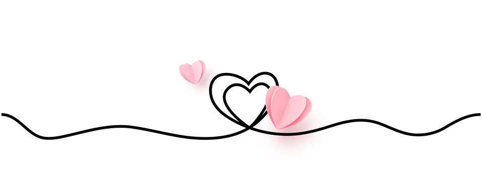 Continuous line heart shape border with realistic paper heart on white Illustrazione stock