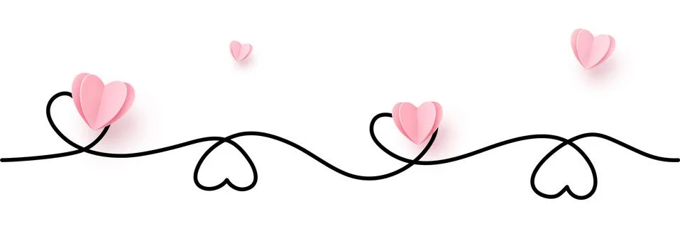 Continuous line heart shape border with realistic paper heart on white Stock Illustration