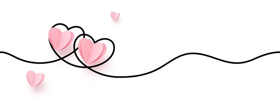 Continuous line heart shape border with realistic paper heart on white Stock Illustration