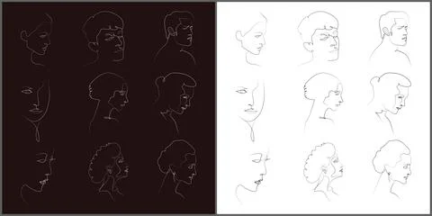 Continuous line human face men and women vector set Illustrazione stock
