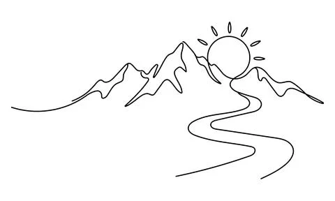 Continuous line landscape with mountains, sun and river Editable stroke 스톡 일러스트