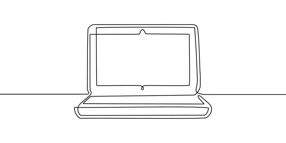 Continuous line laptop work computer screen office art pc outline illustration Stock Illustration