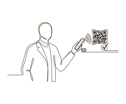 Continuous line of a man using a smartphone for scannable code payment. 库存插图