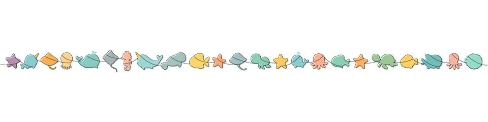 Continuous-line marine illustration with turtle, whale, narwhal, seahorse and Stock Illustration