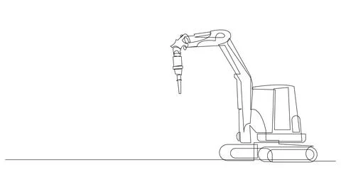 Continuous Line Mini Excavator with Jackhammer Attachment Stock Illustration