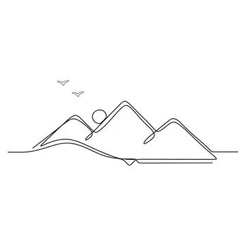 Continuous line of a mountain landscape with a sun and two birds flying, si.. Stock Illustration