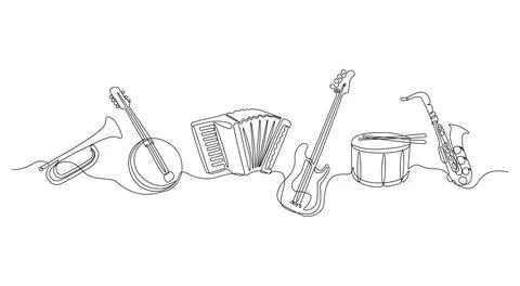Continuous line musical instruments. Outline jazz and orchestral minimalist i Stock Illustration
