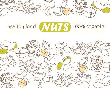 Continuous line nuts. One line trendy nut set, walnuts and pistachios, hand d Stock Illustration