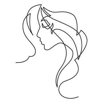 Continuous line or one line drawing of a woman's face with hair.Vector illu.. Illustrazione stock