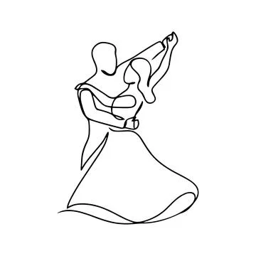 Continuous line of a romantic couple dancing together, black silhouette on .. Stock Illustration