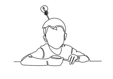 Continuous line of schoolboy raising his hand and pencil, idea and school Stock Illustration