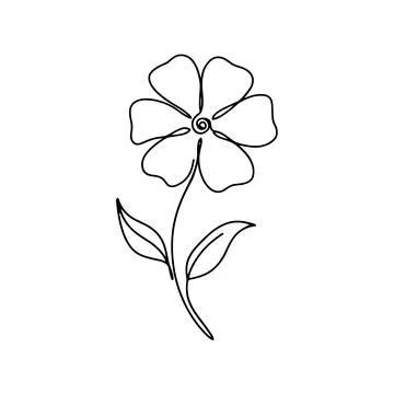 Continuous line of a single flower with five petals and two leaves, simple .. Stock Illustration