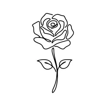 Continuous line of a single rose flower with stem and leaves, simple black .. Stock Illustration