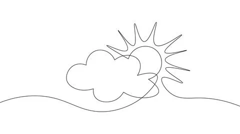 Continuous line sun cloud art. Single line sketch sunny summer travel concept Stock Illustration
