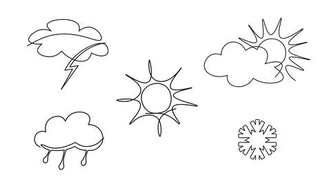 Continuous line sun cloud art. Single line sketch sunny summer travel concept Stock Illustration