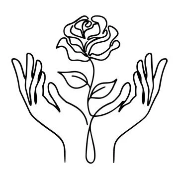 Continuous line of two hands holding a rose flower, minimalist in black ink.. Stock Illustration