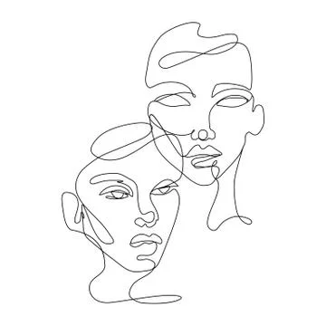 Continuous line vector drawing. Set of faces silhouettes. Abstract portrait. Illustrazione stock