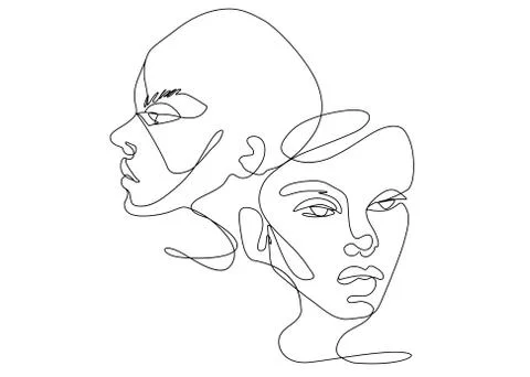 Continuous line vector drawing. Set of faces silhouettes. Abstract portrait. Stock Illustration