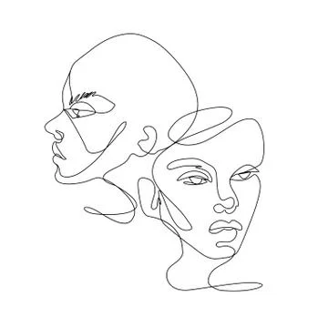 Continuous line vector drawing. Set of faces silhouettes. Abstract portrait. Stock Illustration