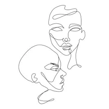 Continuous line vector drawing. Set of faces silhouettes. Abstract portrait. Stock Illustration